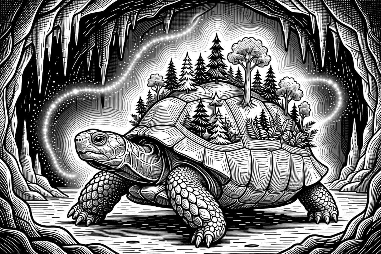 A giant tortoise carrying a tiny forest on its shell deep within a glowing underground cavern, with a trail of glimmering dust in the air, forming a full of wonder fantasy scene.
