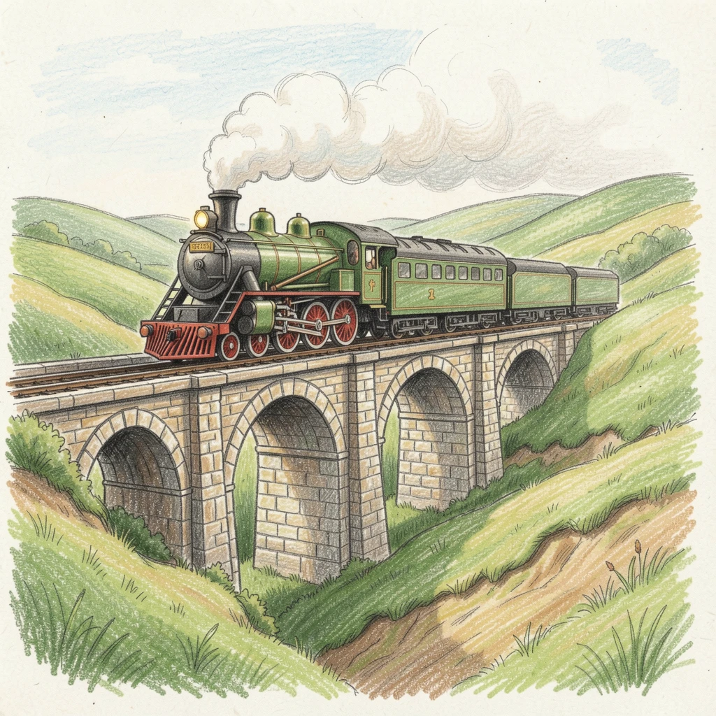 A steam train crossing a tall stone viaduct through green hills, with soft, natural light bringing warmth to every detail, designed to feel inviting, memorable, and shareable.