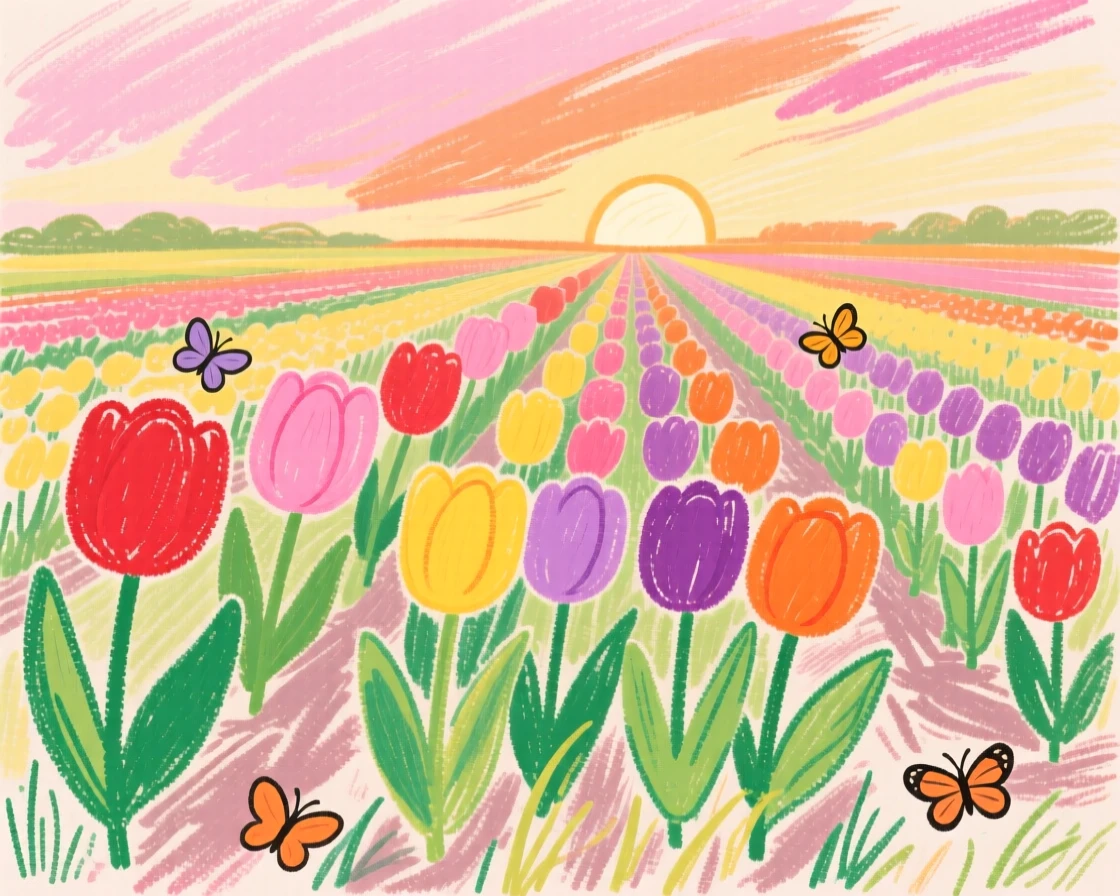 Rows of vibrant tulips in a Dutch flower field at sunrise.