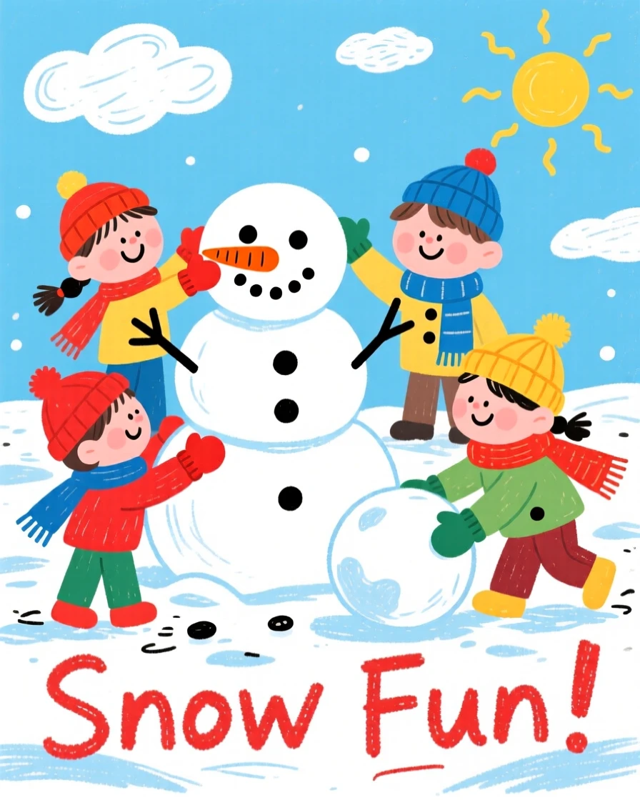 Children building a snowman together with a carrot nose.