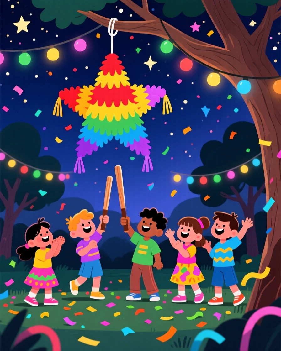 A colorful piñata party with children gathered eagerly around, set beneath a glowing night sky filled with celebration, arranged with confetti or lights adding sparkle to the scene, with a joyful sense of togetherness and celebration.
