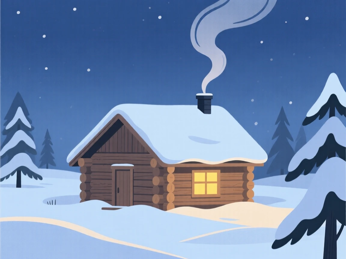 A cozy cabin with smoke rising from the chimney during a snowy winter evening.