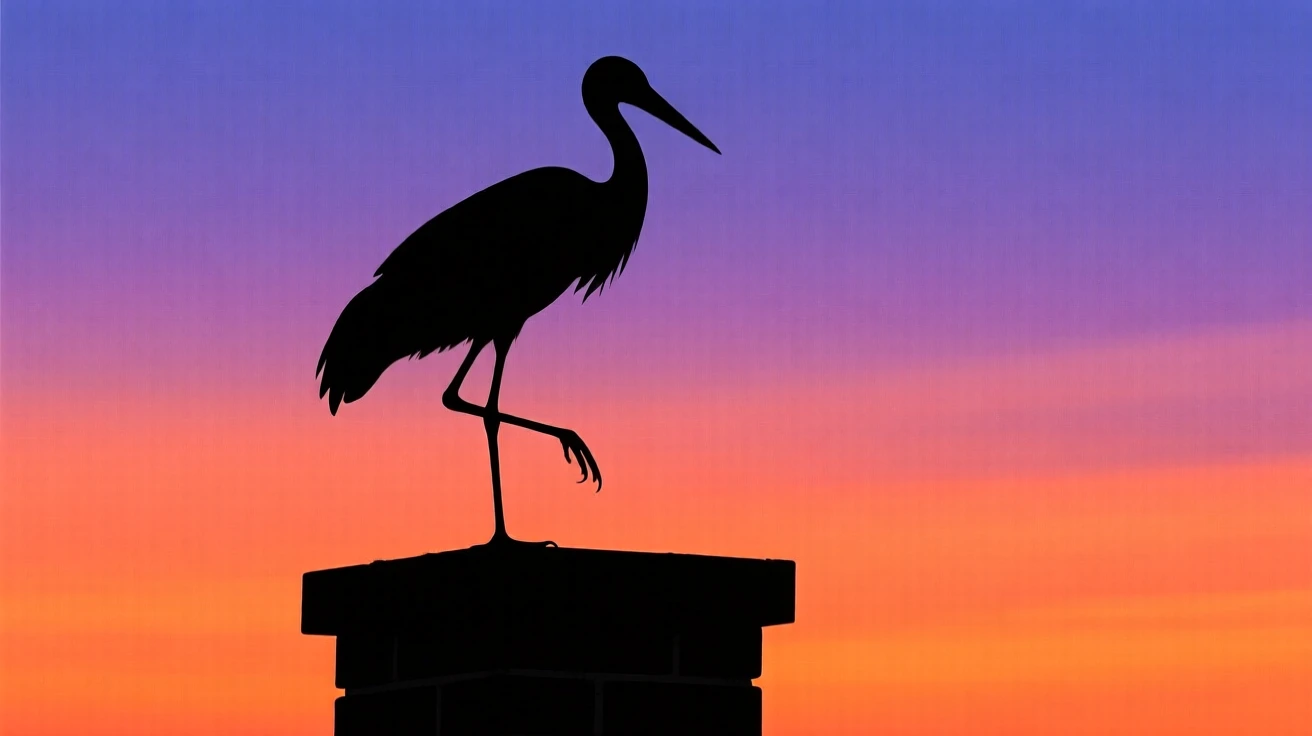A single stork standing on one leg atop a chimney at dusk.