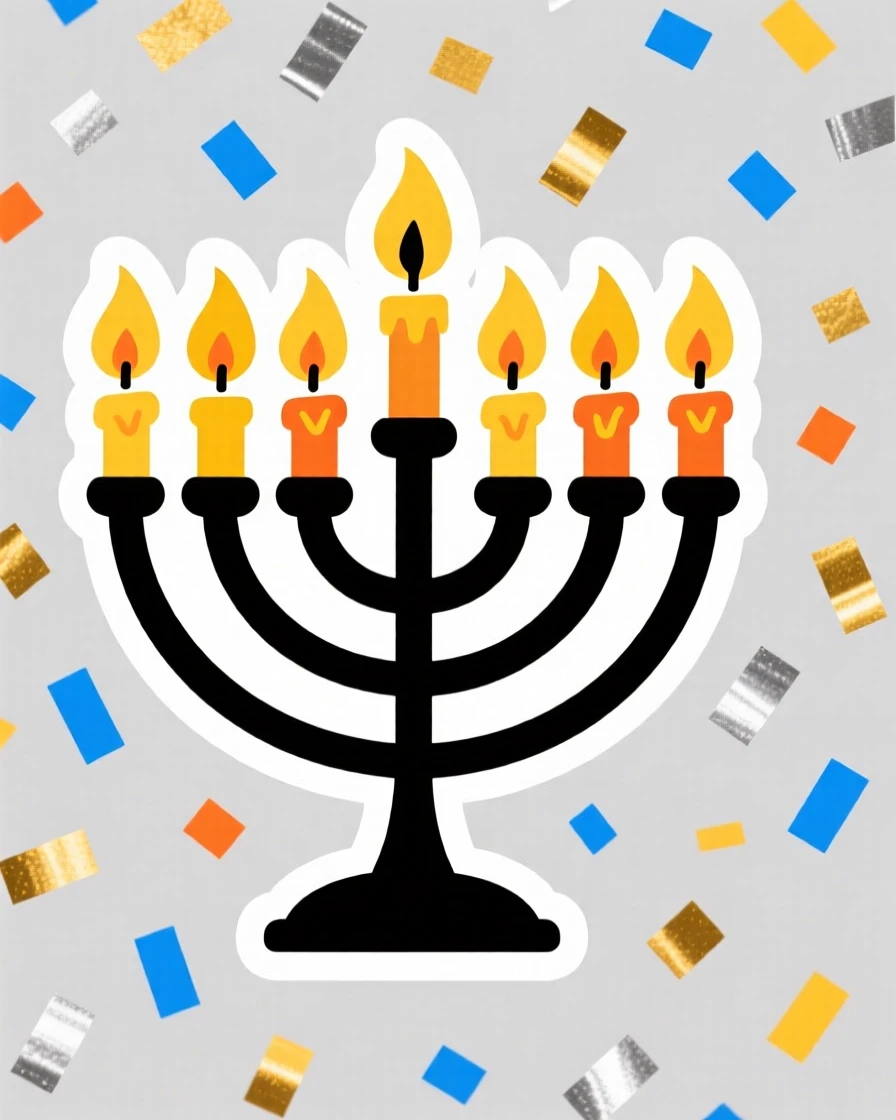 A spirited and joyful menorah with glowing candles during Hanukkah, surrounded by falling confetti, during the most magical time of year.