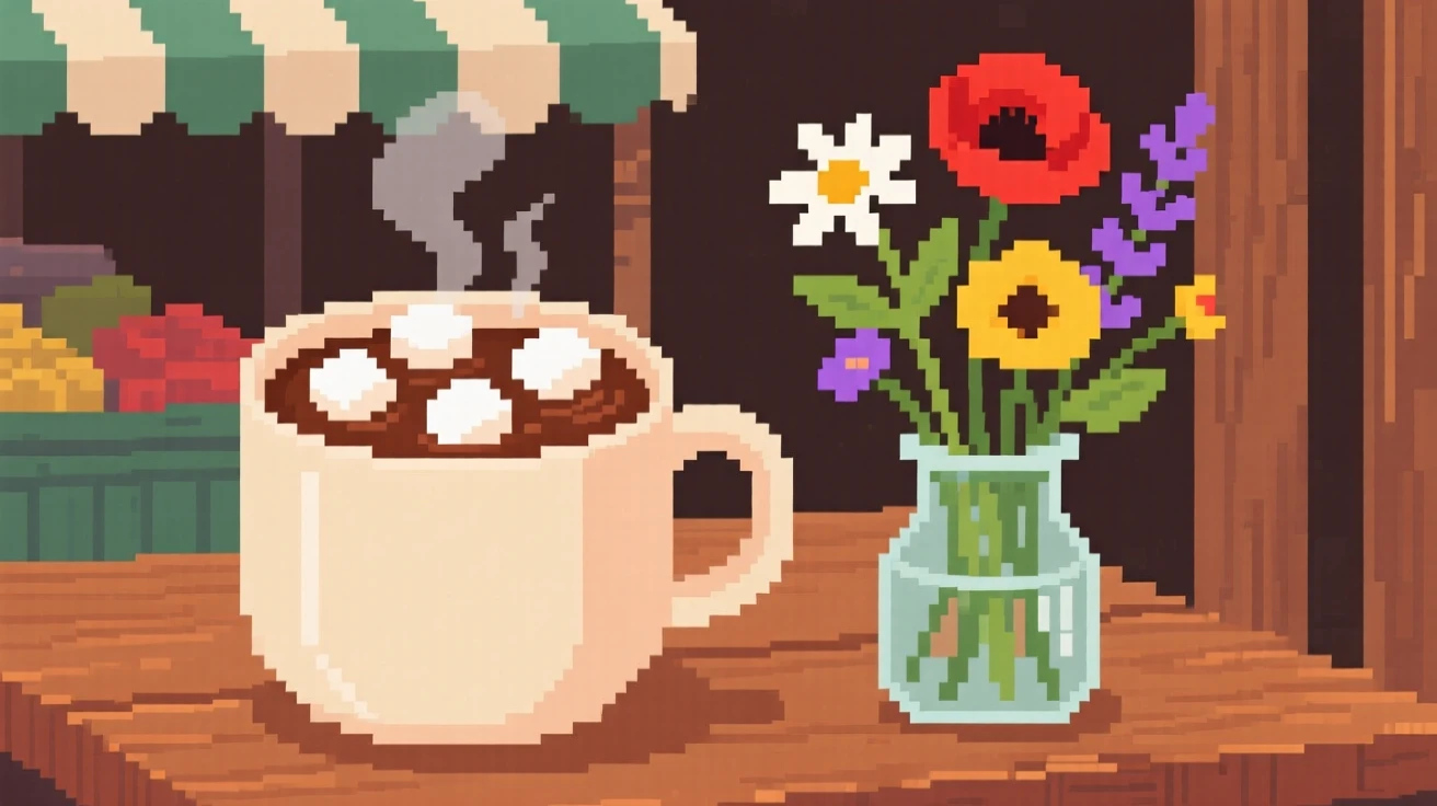 A cup of hot cocoa with marshmallows set beside a vase of wildflowers, at a market stall on a busy morning.
