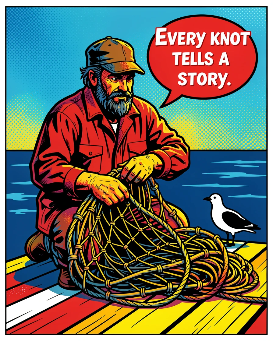 A weathered fisherman mending his nets on a quiet harbor dock