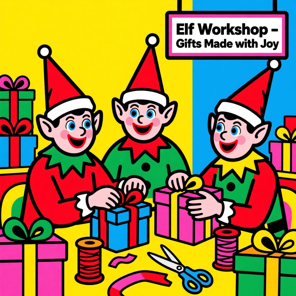 Christmas elves wrapping presents in a workshop