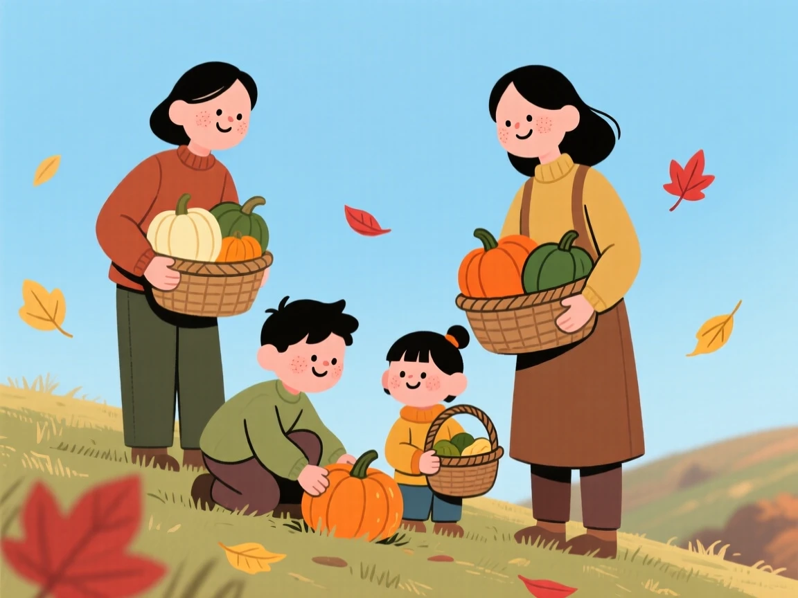 A family gathers baskets of squash in a hillside farm as red and gold leaves drift down around them under a crisp blue sky.