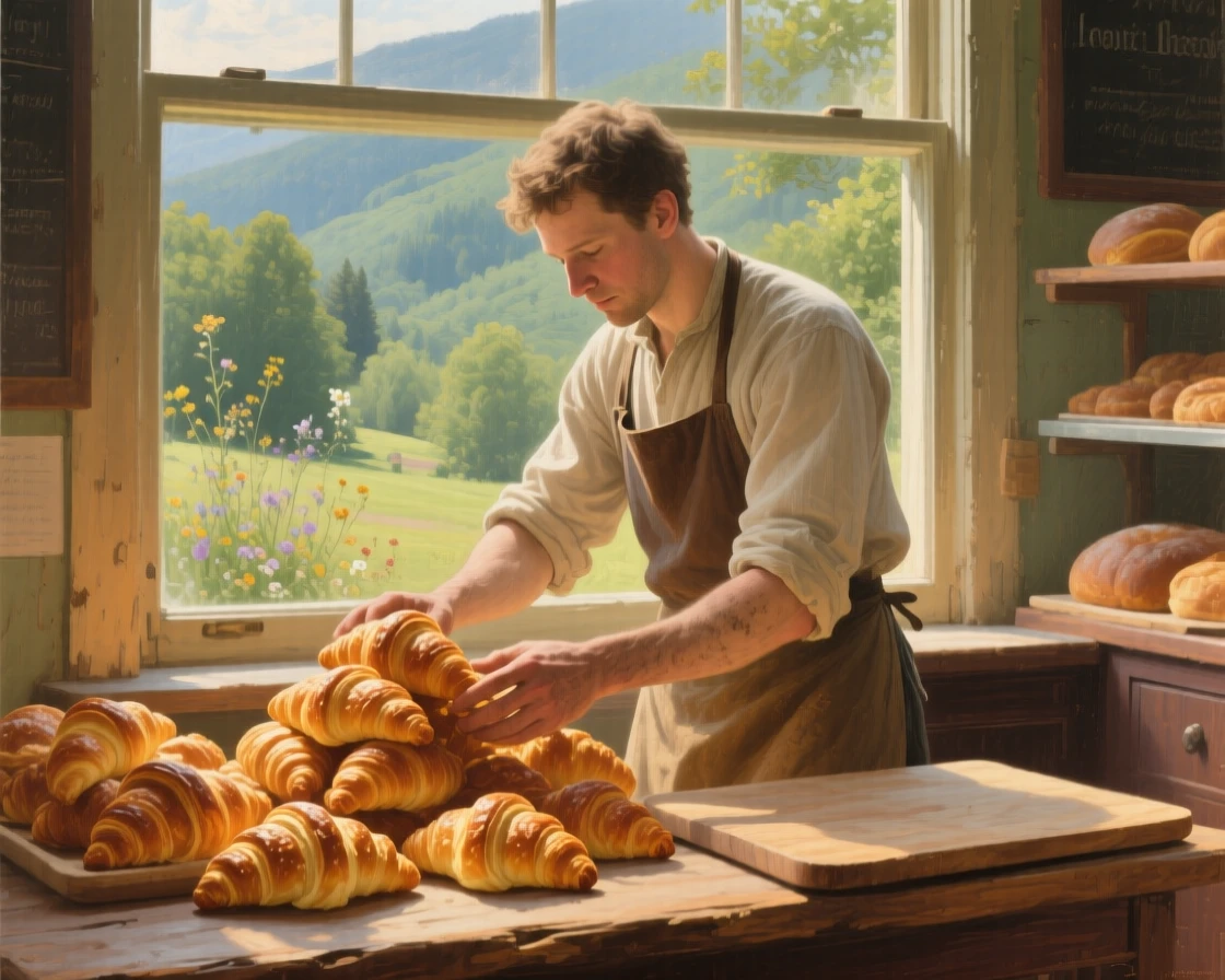 A balanced composition of a baker arranging golden croissants in a sunlit shop window, in the Appalachian mountains, in the height of summer.