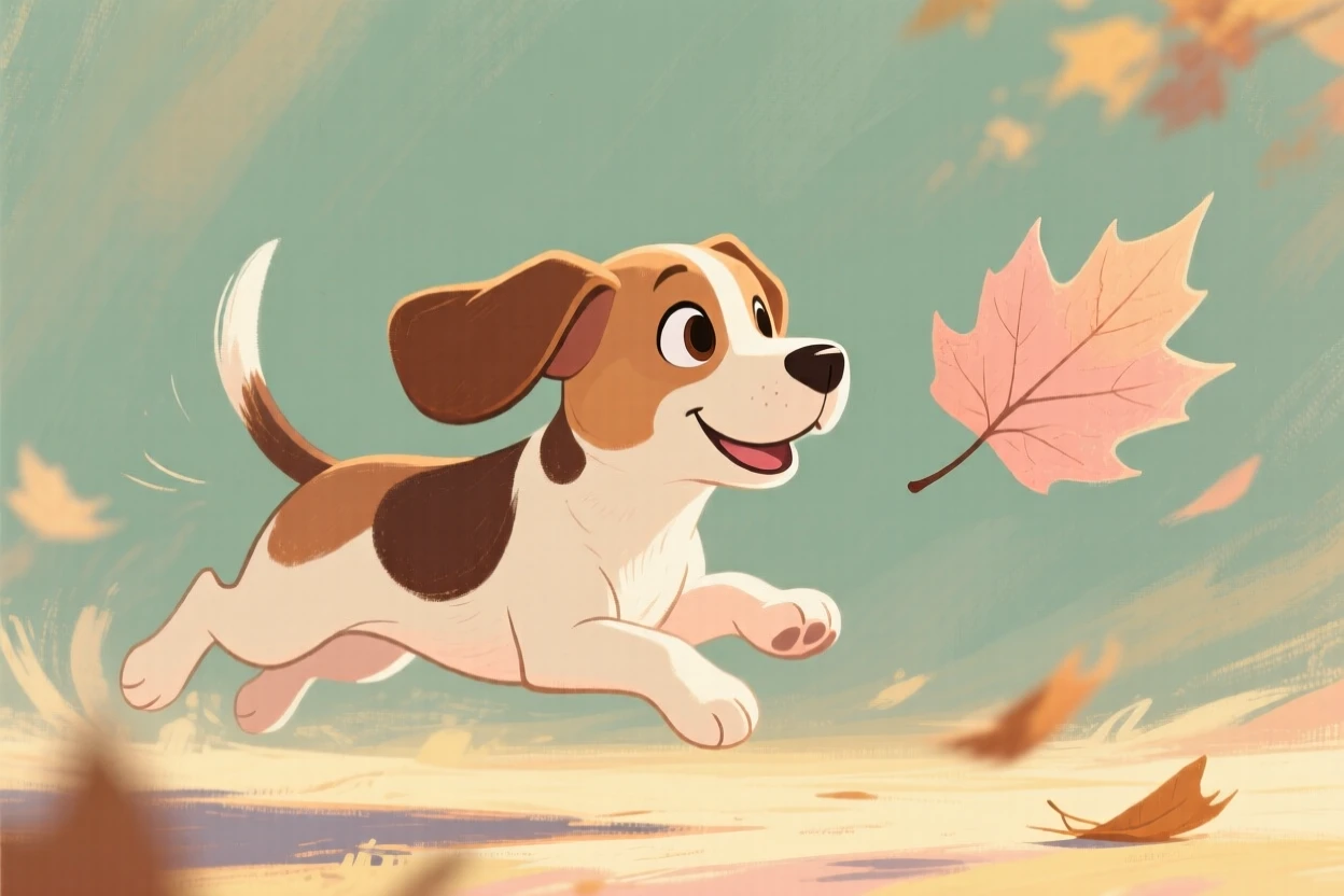 A beagle puppy chasing a falling autumn leaf