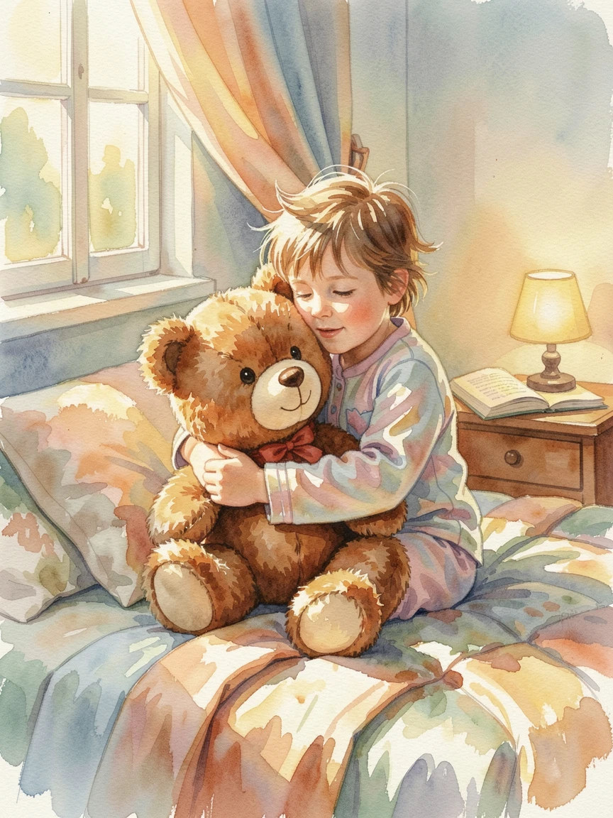 A child hugging a large stuffed teddy bear at bedtime on a warm sunny afternoon.