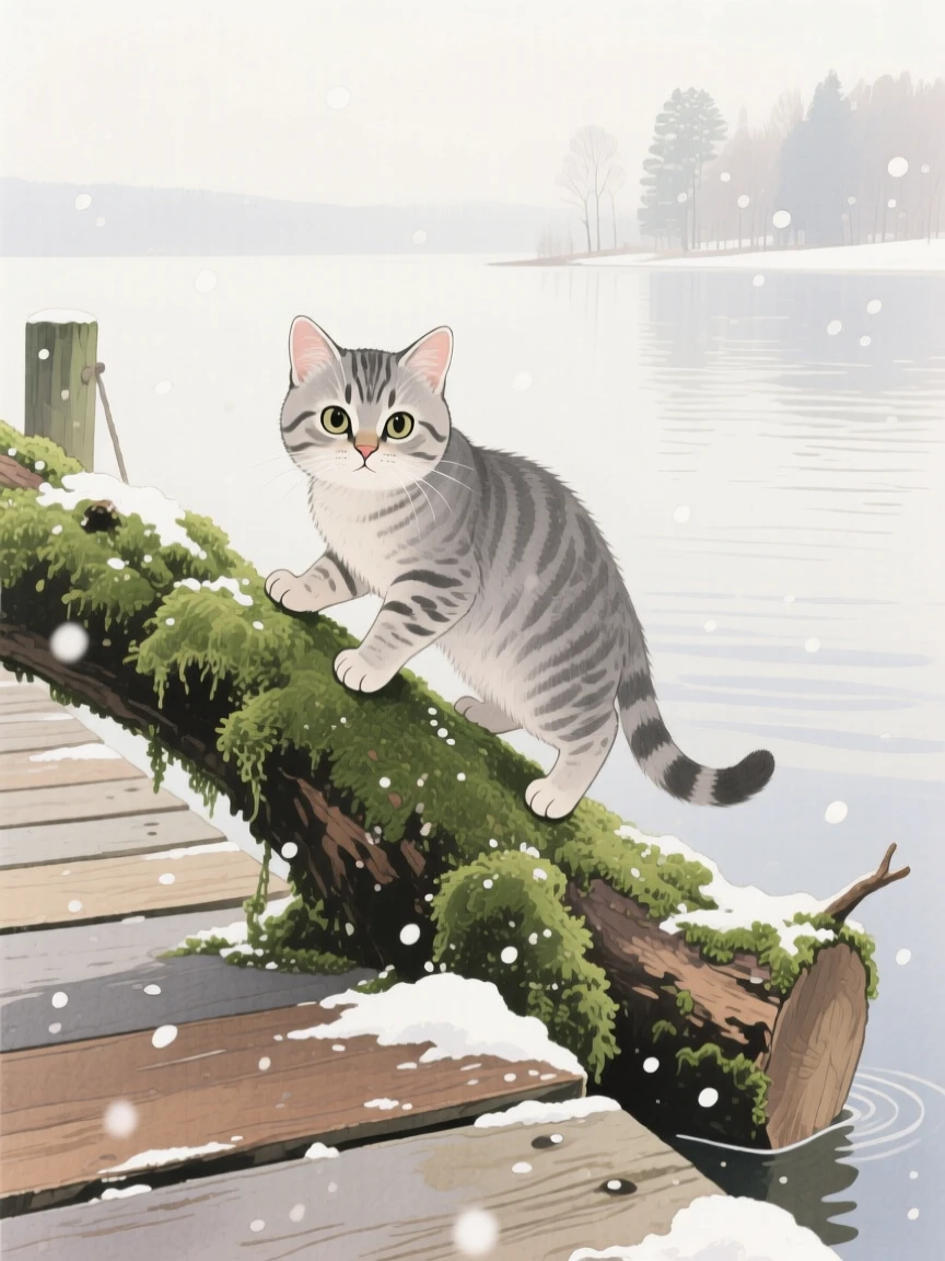 A Scottish fold kitten climbs over a mossy log in a quiet lakeside dock, with snowflakes drifting softly down