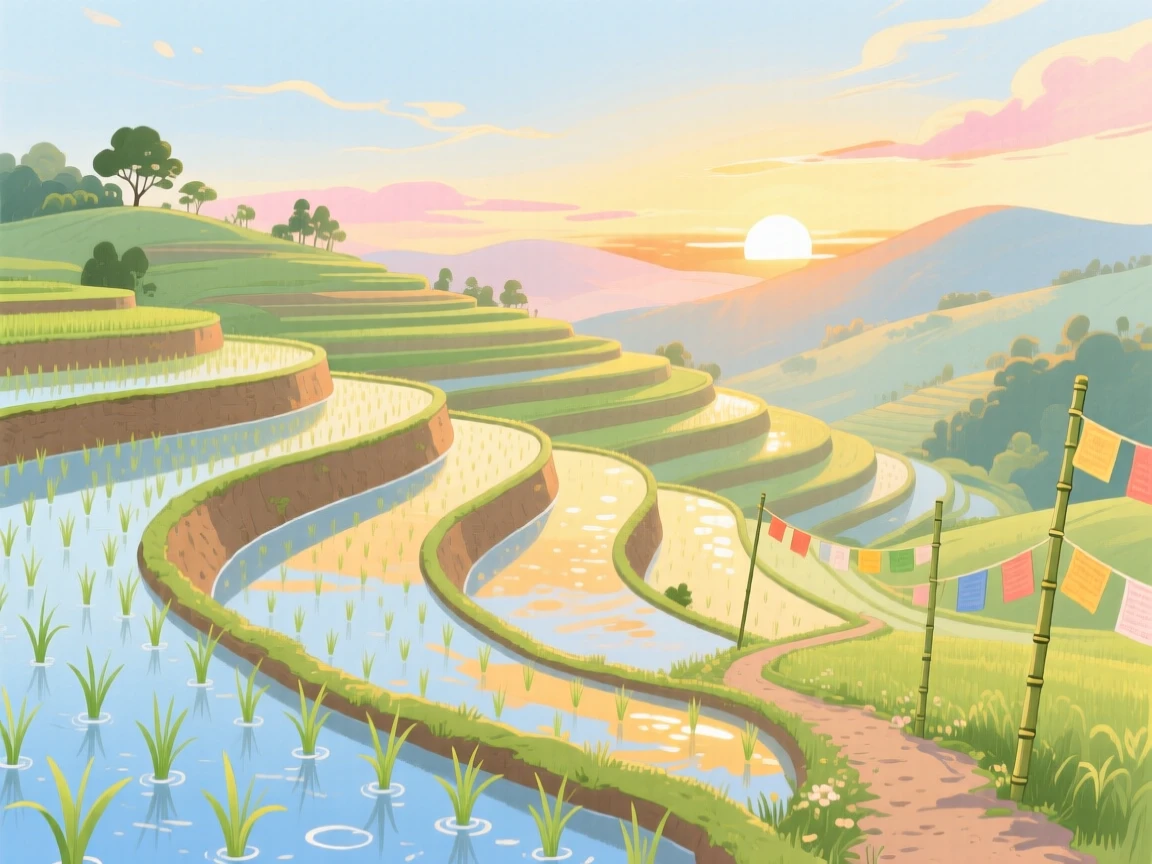 A panoramic scene of a terraced rice field at sunrise at first light in spring.