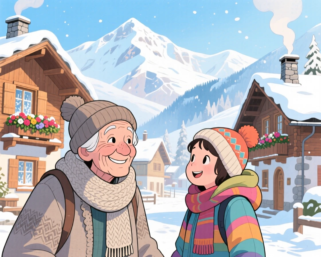 An elderly local shares a warm smile with a passerby amid a snow-dusted alpine village in the Swiss mountains, radiating cultural warmth and beauty.