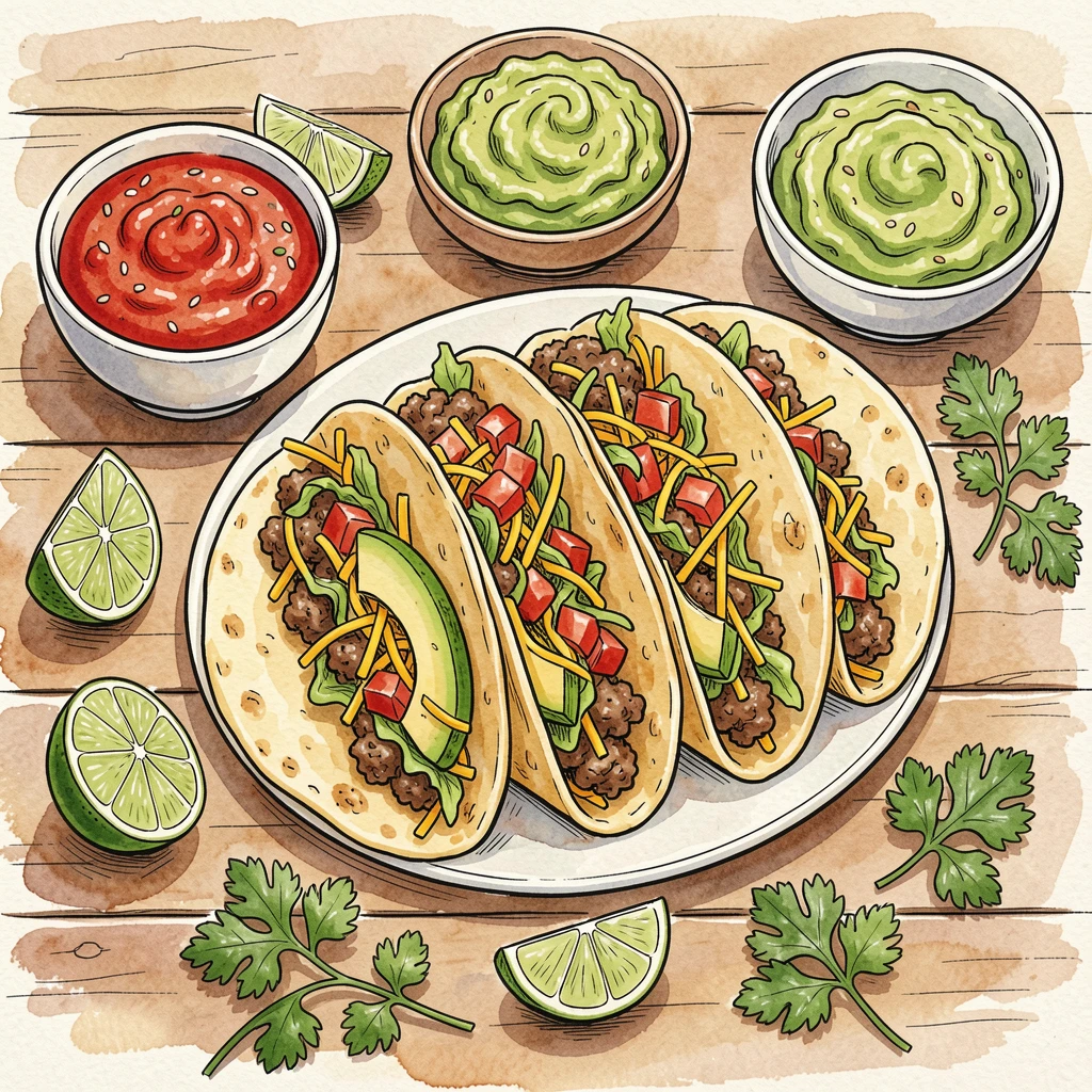A colorful taco spread with lime wedges, salsa, and fresh cilantro, a cozy, homemade atmosphere filling the scene.