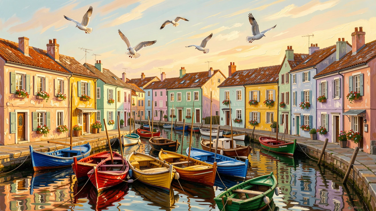 Beside a bustling harbor filled with colorful boats, a network of canals lined with pastel-colored houses, birds circling above the weathered rooftops, at golden hour, warm light bathing every surface.