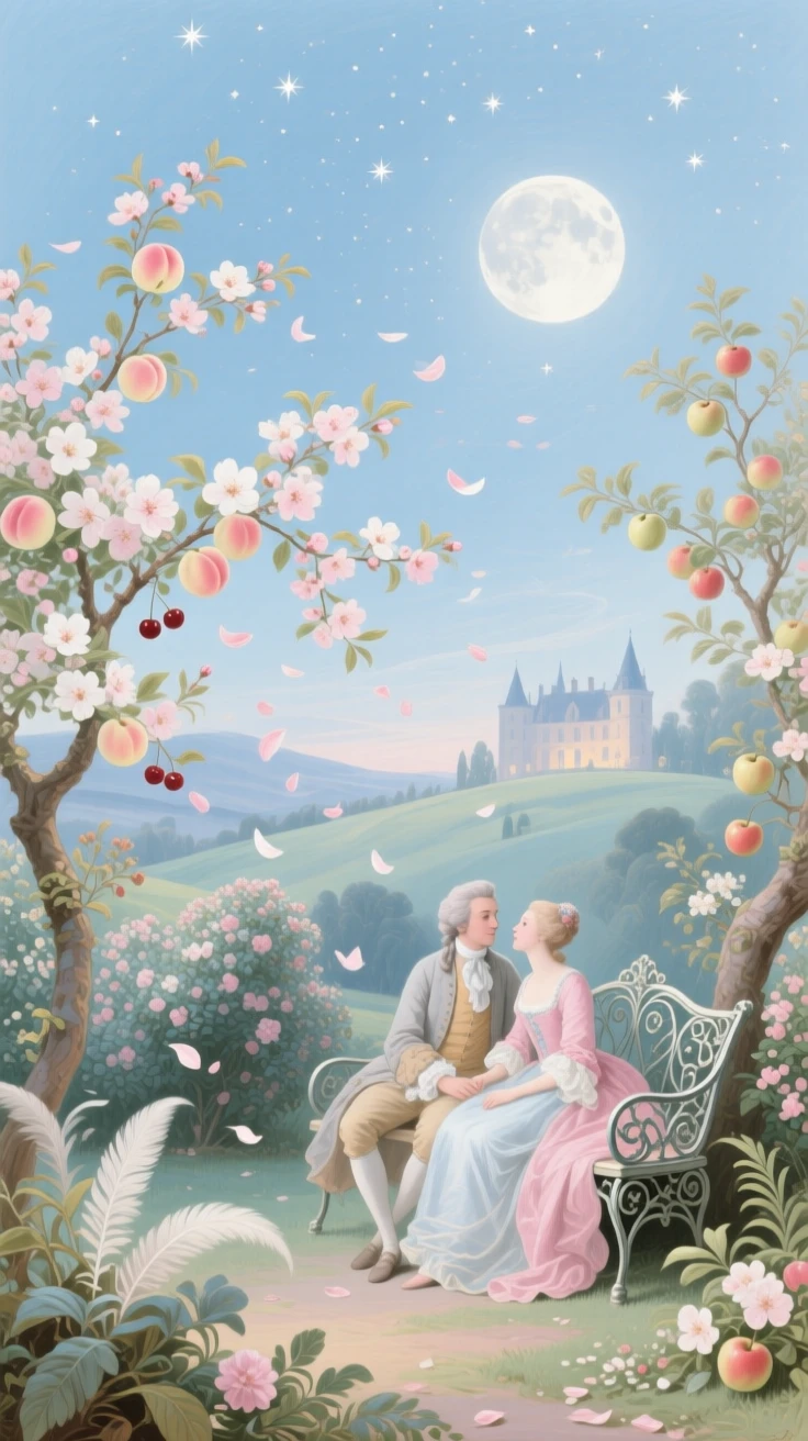 A moonlit orchard filled with blooming trees and drifting petals  