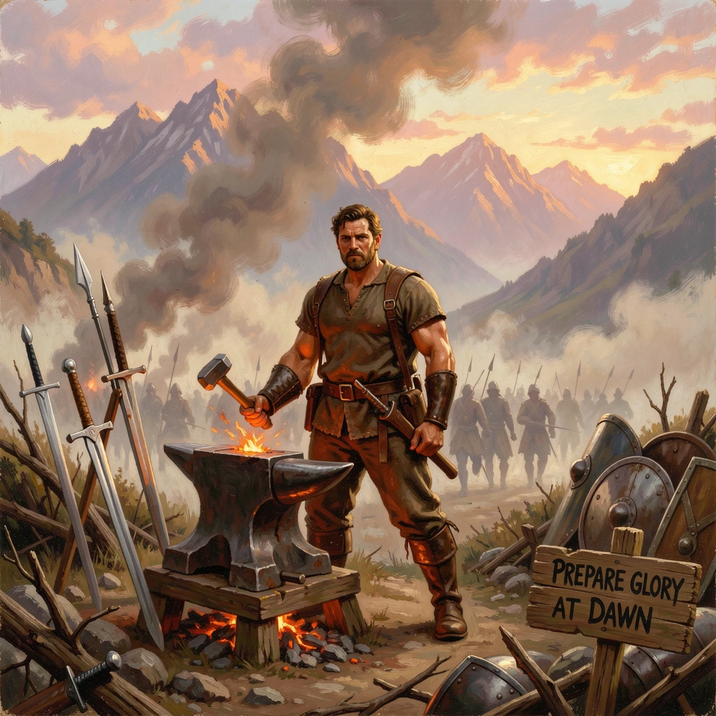 A blacksmith gathers before a great battle at dawn amid the smoke of battle.