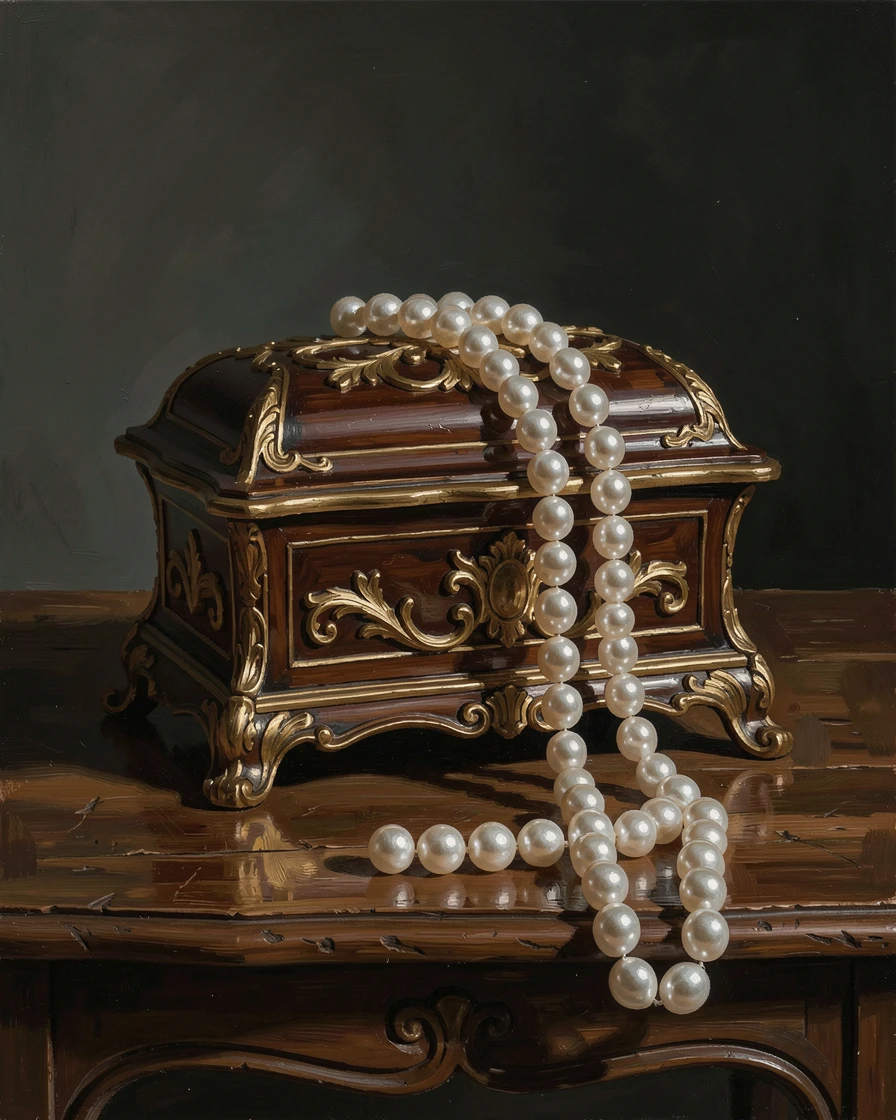 A string of pearls draped elegantly over an ornate jewelry box, as delicate shadows fall across the surrounding surface, designed as a sophisticated piece for upscale interior decor