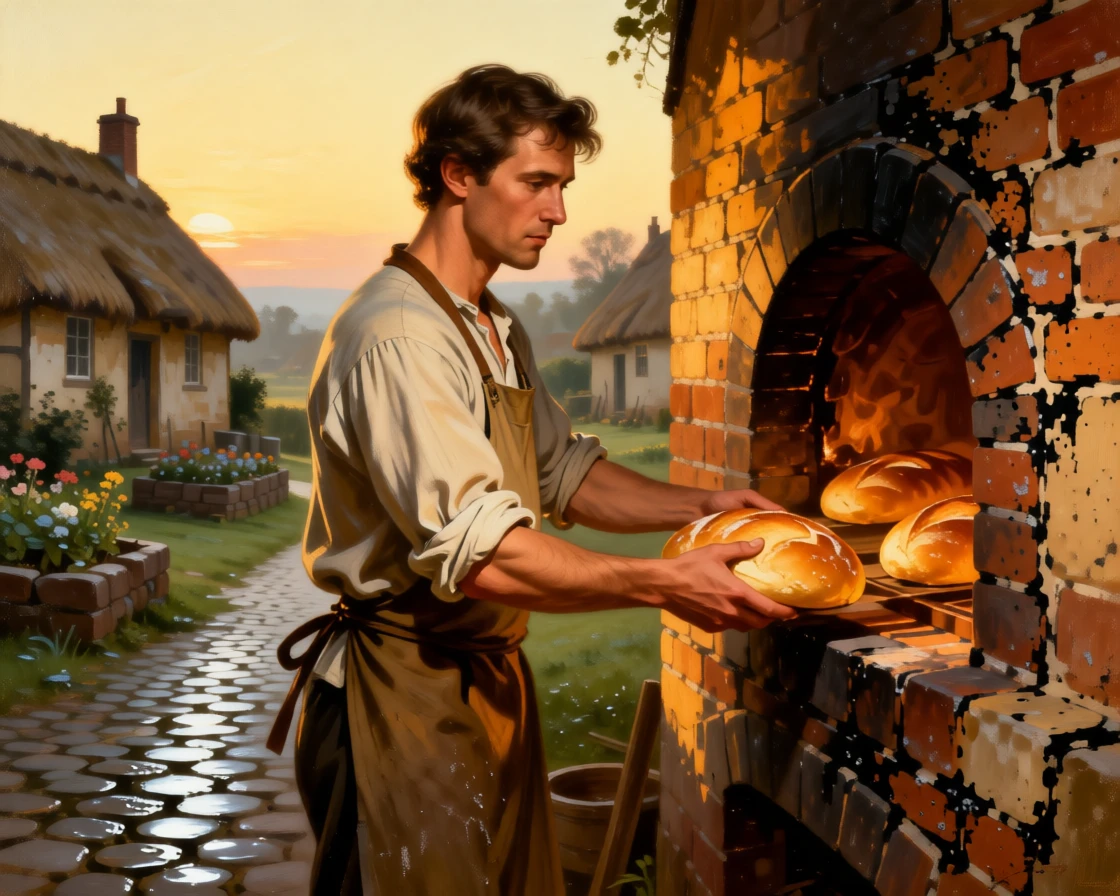 A baker pulling fresh loaves from a wood-fired oven at dawn as ordinary labor takes on unexpected grace, set within a sunlit rural village at the start of a new day, with modest but well-tended surroundings speaking of quiet pride; the composition finds quiet monumentality in an everyday gesture, radiating simple contentment and honest labor.
