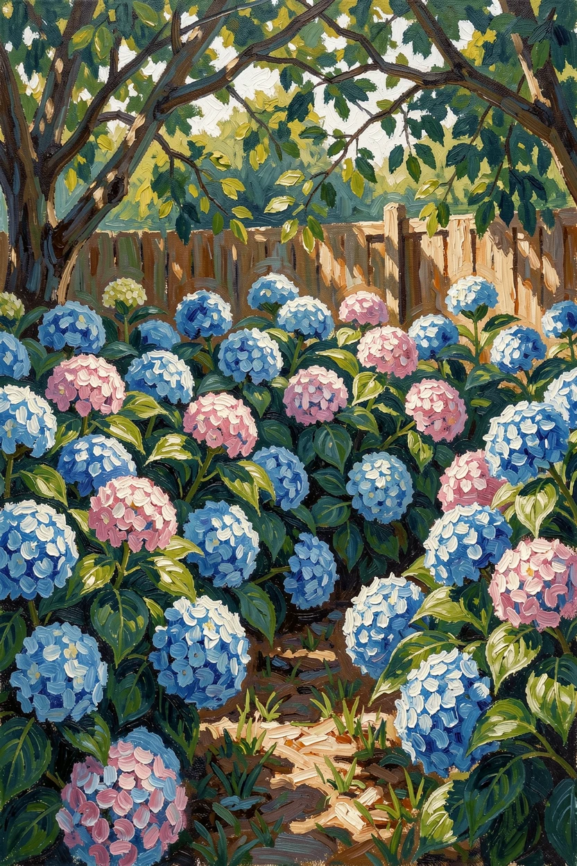 A hydrangea garden in shades of blue and pink beneath dappled summer shade.