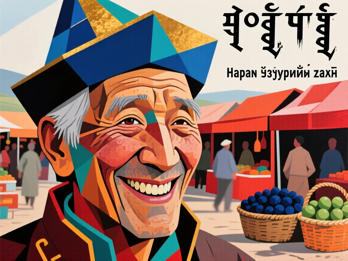 A close-up portrait of an elderly man of Mongolian heritage, grinning with pride, at the edge of a bustling market.