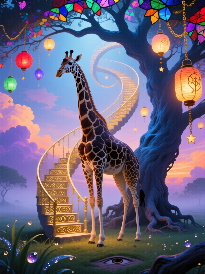 A giraffe whose neck stretches into a spiral staircase pauses beneath a tree hung with glowing lanterns, as the surrounding grass bends toward it in reverence.