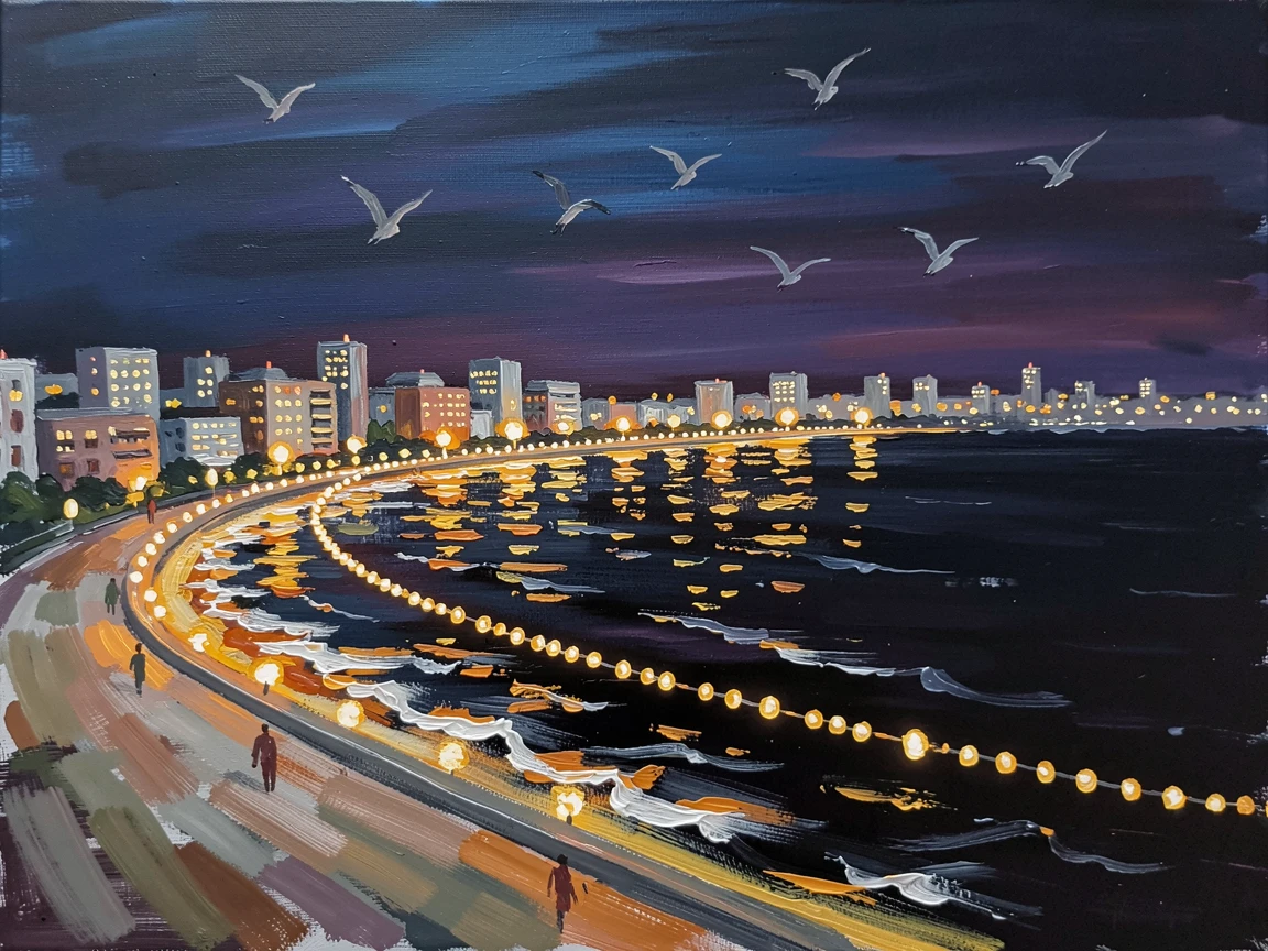 A dramatic nighttime view of Mumbai shows Marine Drive's curved necklace of lights tracing the coastline against the dark Arabian Sea, the silence broken only occasionally by the call of a bird crossing the open sky.