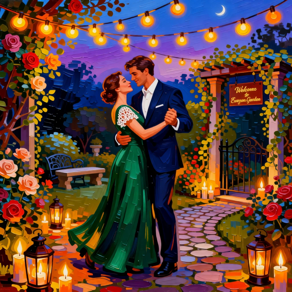 Two lovers sharing a dance beneath string lights in a candlelit garden