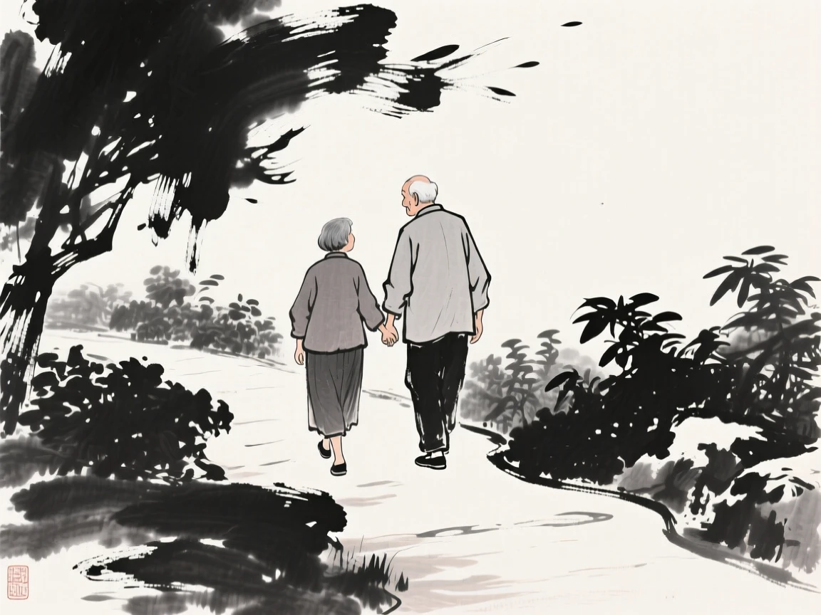 An elderly couple walks slowly along a garden path, hand in hand, as a light breeze stirs the surrounding leaves.