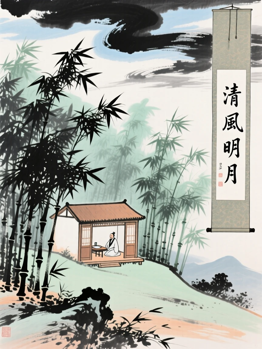 A scholar's studio nestled among bamboo on a quiet hillside, in the height of summer, under a sky streaked with clouds.