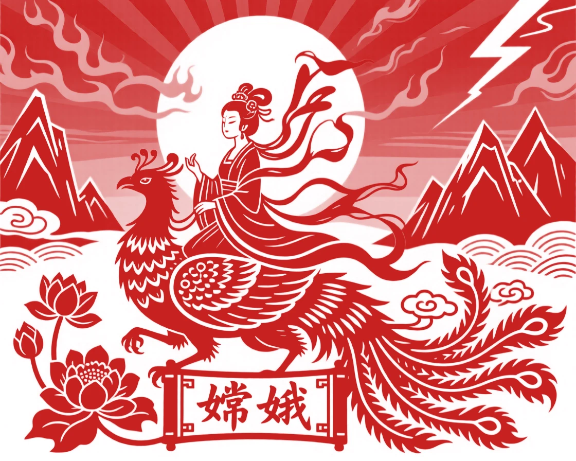 A moon goddess attendant, riding a phoenix across a fiery sunset sky, as thunder rumbles across distant peaks.