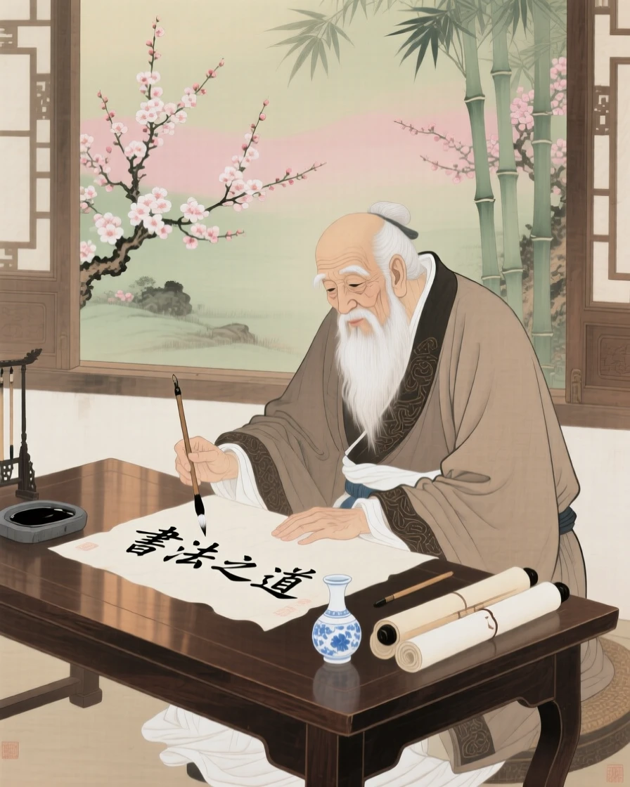 An old scholar writing calligraphy at a low table beside an open window