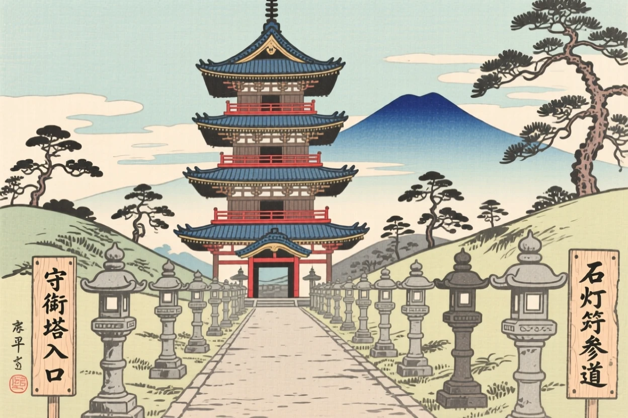 An ancient city watchtower flanked by stone lantern pathways.