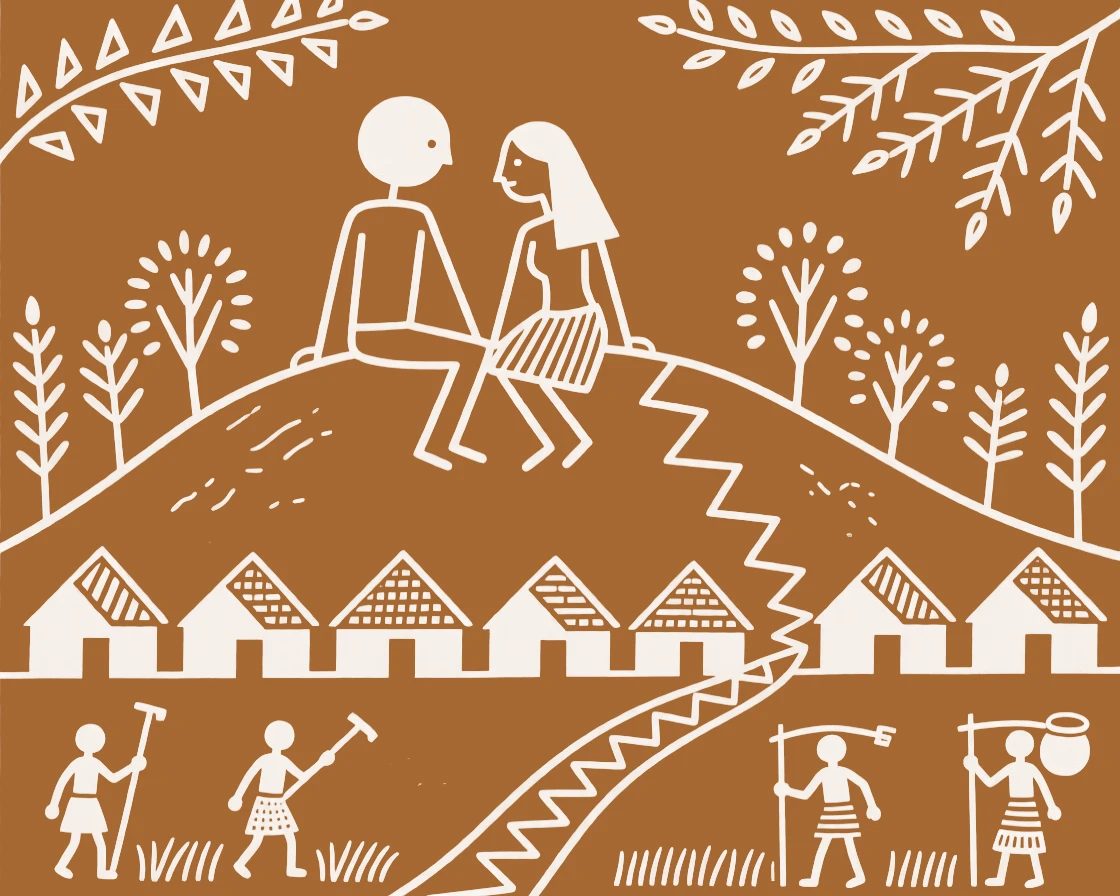 A couple meeting in secret sitting side by side atop a hill overlooking the village.