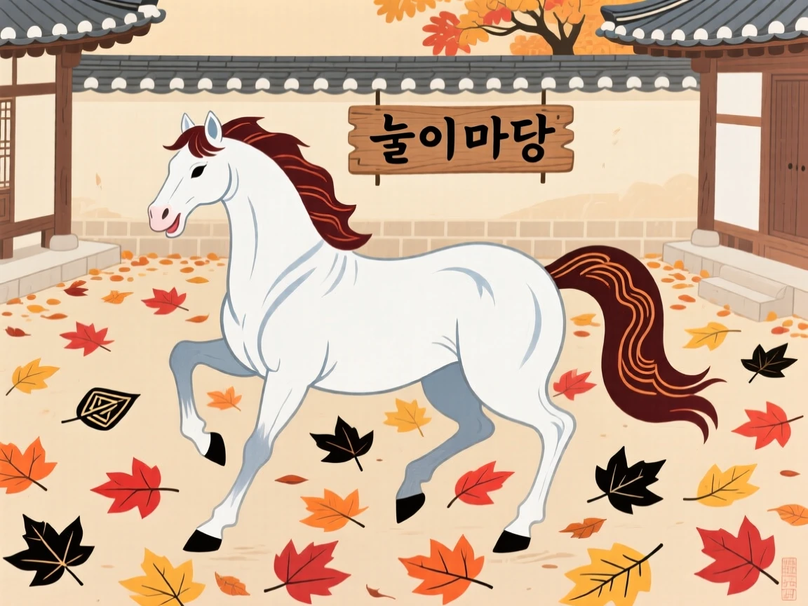 A proud white horse playing together in a courtyard full of fallen leaves.