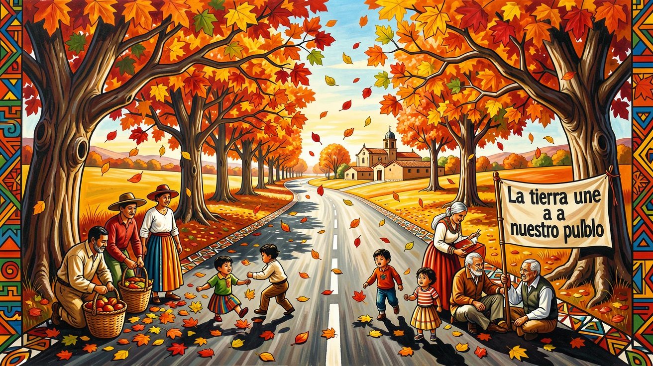 A country road lined with falling autumn leaves