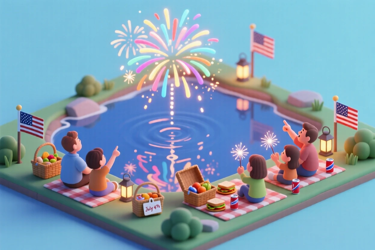 A Fourth of July fireworks display over a lake, reflections shimmering in the water, families watching from a picnic blanket.
