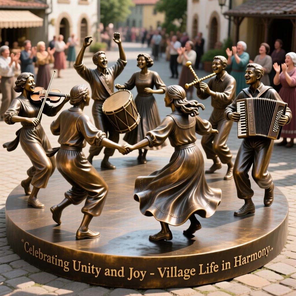 A village square filled with dancers and musicians, capturing a powerful sense of togetherness, celebrating shared human joy