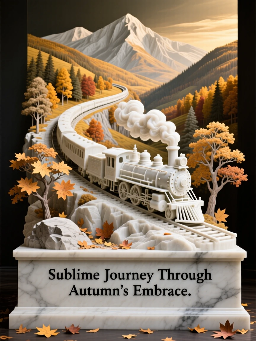 A vivid, emotionally rich scene of a train winding through a golden autumn valley, captured with cinematic depth and detail, designed to captivate and inspire