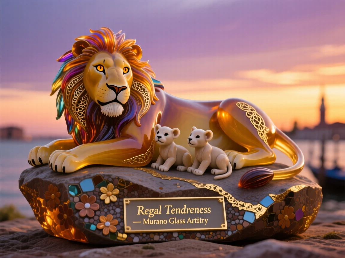 A mother lion resting with her cubs atop a sunbaked rock at dusk, regal and tender.