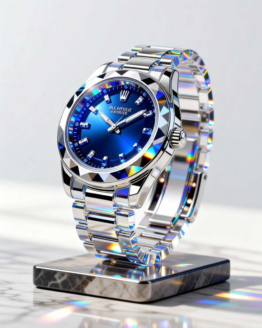A luxury wristwatch with a sapphire crystal face resting on polished stone.