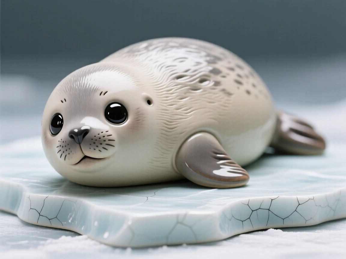 A plump baby seal resting on the ice captured in an irresistibly endearing pose, with big round eyes full of innocent wonder, radiating adorable, joyful innocence.