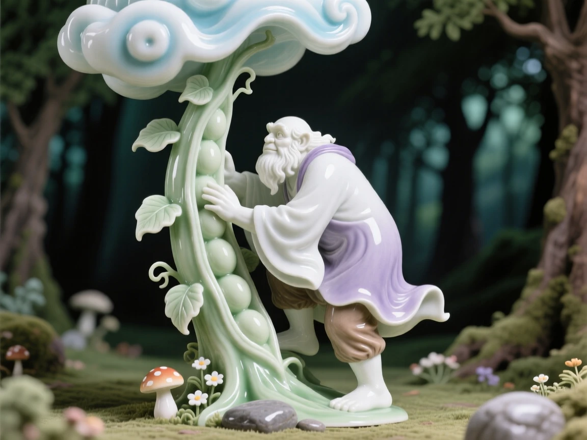 A whimsical scene of a gentle giant climbing a beanstalk into the clouds in an enchanted forest clearing.
