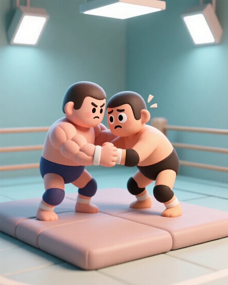 A determined wrestler grips an opponent tightly on a padded mat, muscles tensed under bright gym lights.