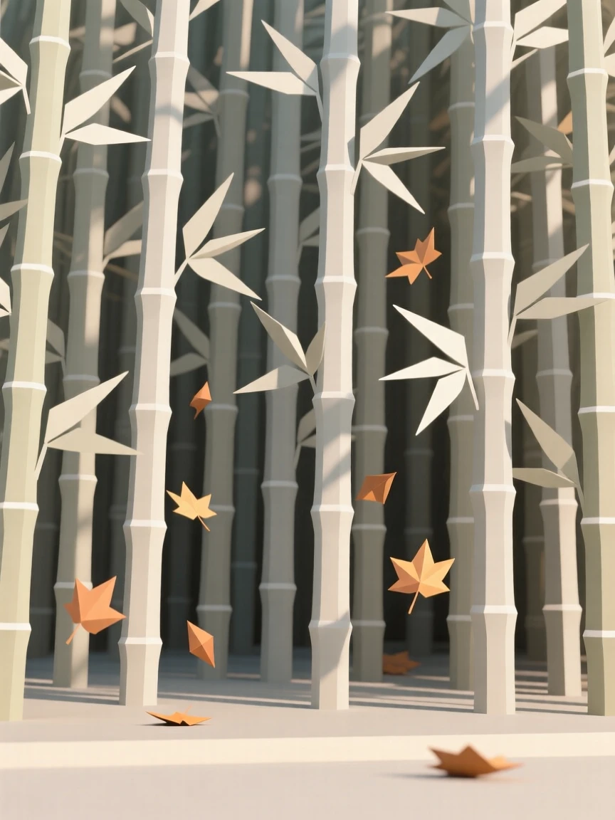 A dense bamboo forest with soft filtered light, as autumn leaves drift through the air. the horizon line anchors a balanced composition. A gentle warmth radiates through the scene.
