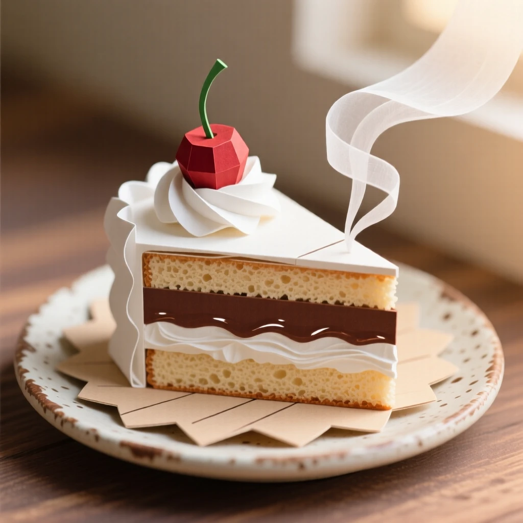 A decadent slice of layered cake presented on a rustic ceramic plate, with steam rising gently into soft light, evoking comfort and rich flavor.
