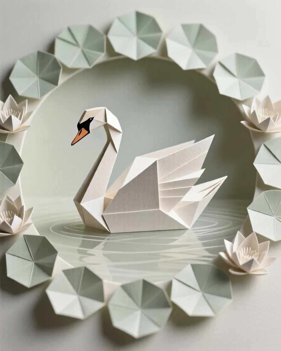 An elegant swan gliding within a circular frame bordered by lily pads.