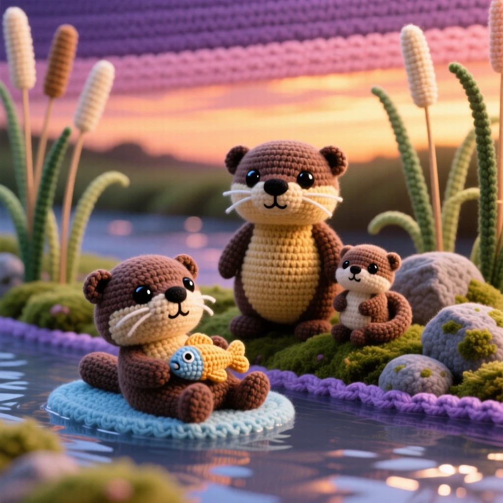 A tranquil view of a quiet reed-lined riverbank at dusk, home to a family of otters, glowing gold in the fading light, under a sky painted in warm sunset colors, with a cluster of soft mossy rocks, evoking gentle awe at nature's quiet grandeur.