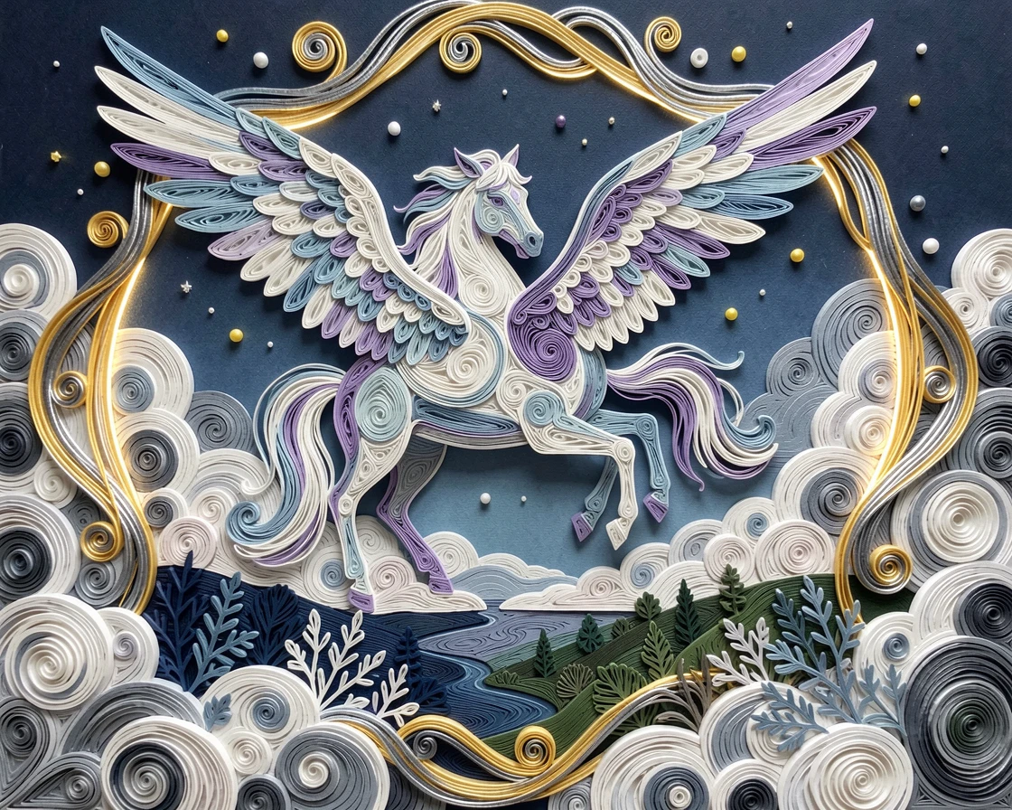 a pegasus soaring above a sea of clouds, in a hidden valley bathed in moonlight, framed with a dreamlike glowing halo of light, with tiny sparkling motes of light drifting through the air.